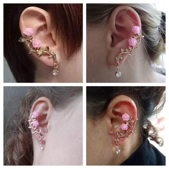 Pink Rose Delicate Leaves & Crystal Earring Cuffs - Picture 4 of 16
